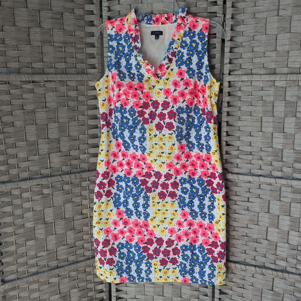 Talbots Floral Eyelet Shift Dress Ruffle V-Neck Sleeveless Multi‎ Color Sz 10